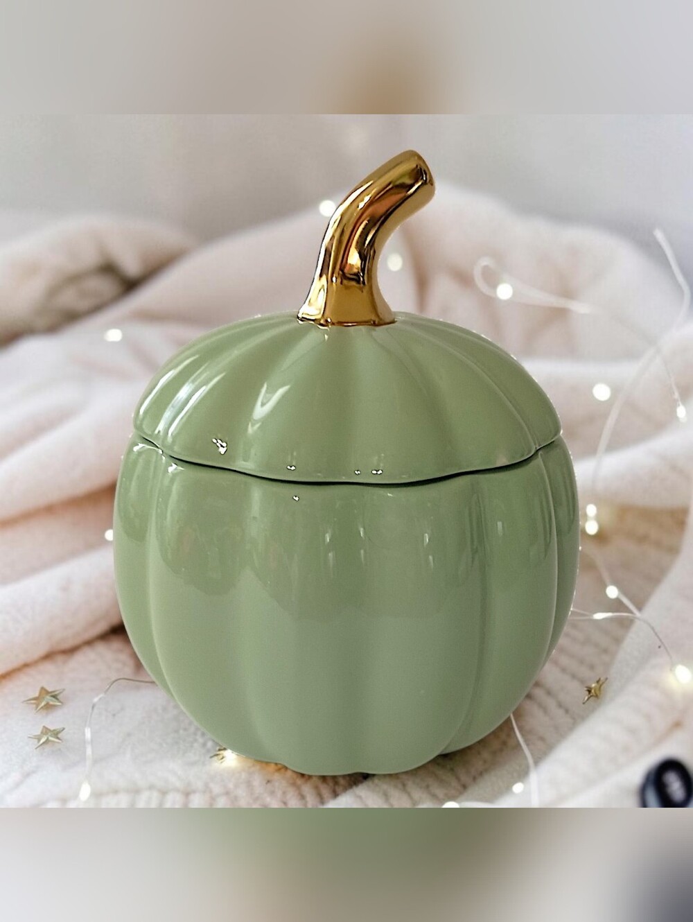 Martha Stewart Pumpkin Canister Sage Green Gold Ceramic Fall Harvest Candy Dish - Picture 16 of 16
